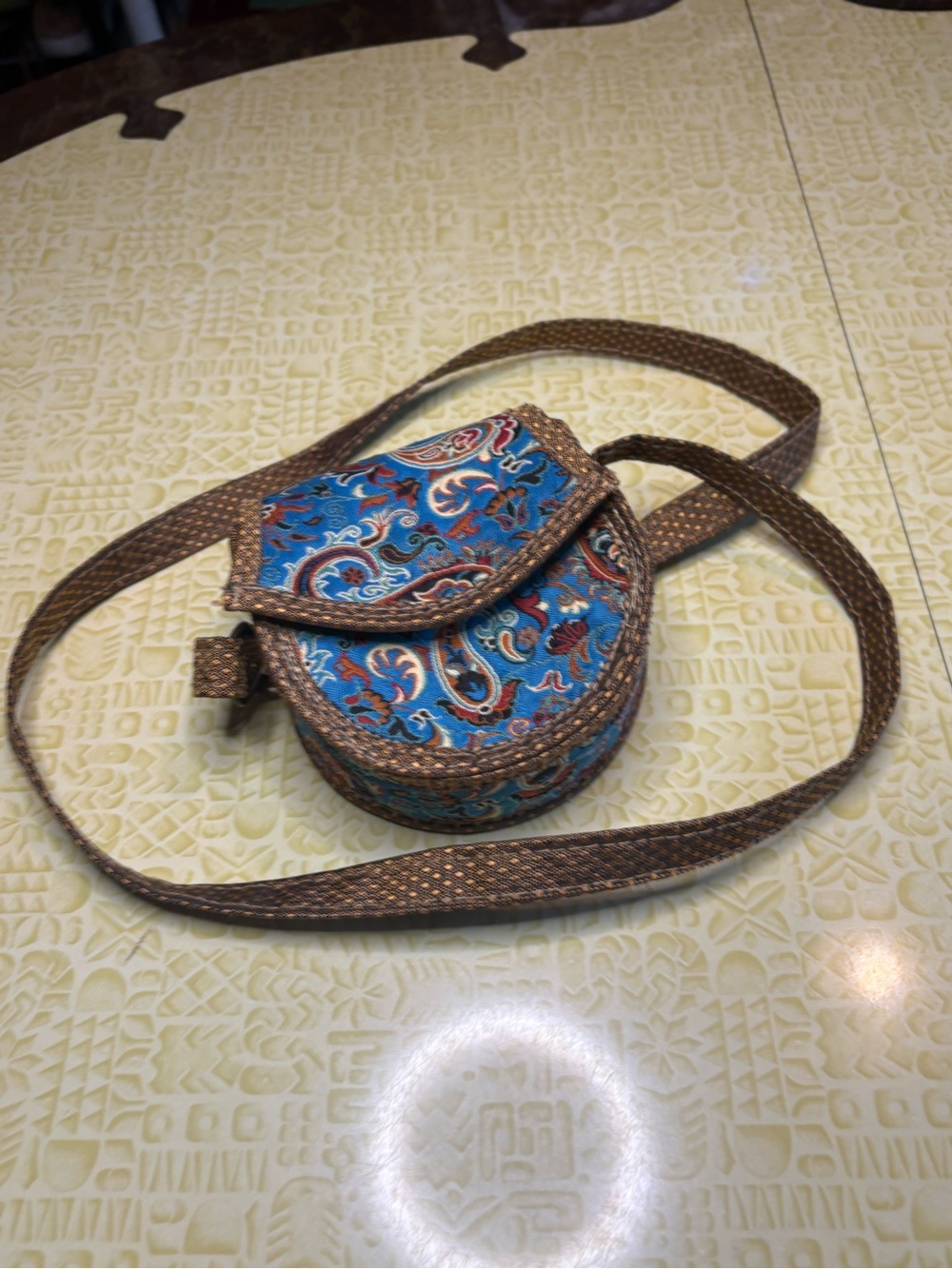 Handcrafted Blue Paisley Crossbody Bag with Brown Trim - Picture 2 of 9